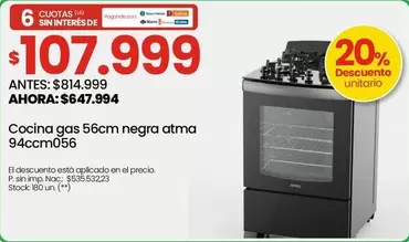 Atma - Cocina gas 56cm negra atma 94ccm056