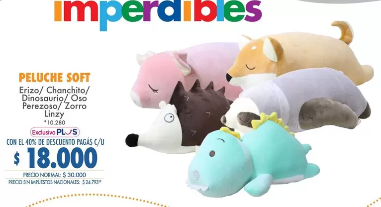 Zorro - PELUCHE SOFT Erizo/Chanchito/ Dinosaurio Oso Perezoso/