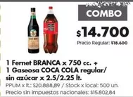 Coca cola - Fernet BRANCA x 750 cc. + Gaseosa COCA COLA regular/sin azúcar x 2.5/2.25 lt.