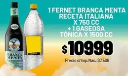 Branca - FERNET BRANCA MENTA RECETA ITALIANA X 750 CC + 1 GASEOSA TÓNICA X 1500 CC