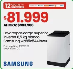 Samsung - Lavarropas carga superior inverter 8,5 kg blanco wa85c5441bwu