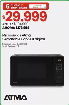 Atma - Microondas 94matdb20uap 20lt digital
