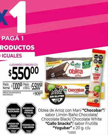 X$ - Oblea de Arroz con Maní "Chocobar"/ Chocolate Black/Chocolate White "Gallo Snacks"/sabor Frutilla "Yogubar"