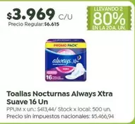 Always - Toallas Nocturnas Xtra Suave 16 Un