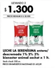 La Serenísima - entera/ descremada 1% 2% 3% bienestar animal sachet x 1 It