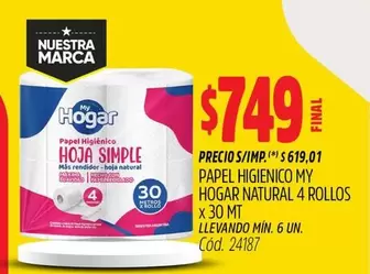 My Hogar - PAPEL HIGIENICO NATURAL 4 ROLLOS x 30 MT