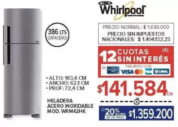 Whirlpool - HELADERA ACERO INOXIDABLE MOD. WRM42HK