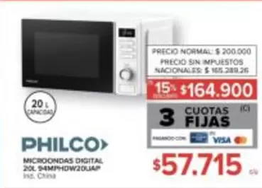 Philco - MICROONDAS DIGITAL 20L 54MPHDW20UAP