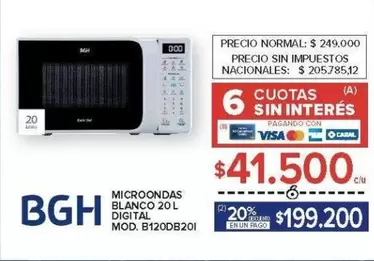 BGH - MICROONDAS BLANCO 20 L DIGITAL MOD. B120DB201