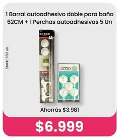 Hook - Barral autoadhesivo doble para baño 62CM + 1 Perchas autoadhesivas 5 Un