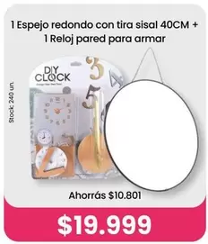 Redondo - Espejo redondo con tira sisal 40CM + 1 Reloj pared para armar