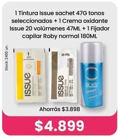 Issue - Tintura sachet 47G tonos seleccionados + 1 Crema oxidante 20 volúmenes 47ML + 1 Fijador capilar normal 180ML