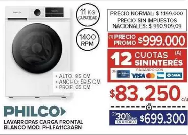 Philco - LAVARROPAS CARGA FRONTAL BLANCO MOD. PHLFA11C3ABN