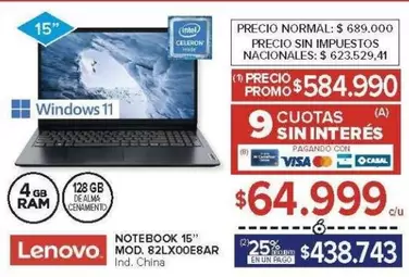 Lenovo - NOTEBOOK 15" MOD. 82LX00E8AR