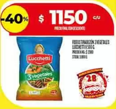 Lucchetti - FIDEOS TIRABUZÓN 3 VEGETALES