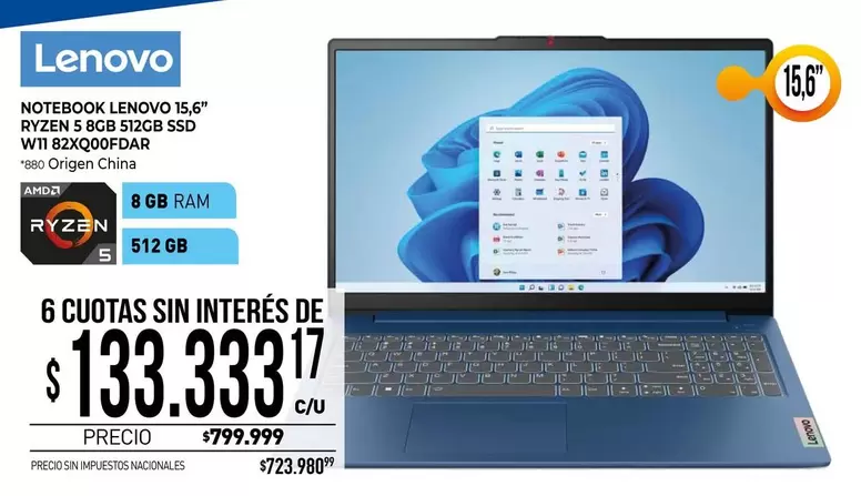 Lenovo - NOTEBOOK 15,6 RYZEN 5 8GB 512GB SSD W11 82X2Q00FDAR