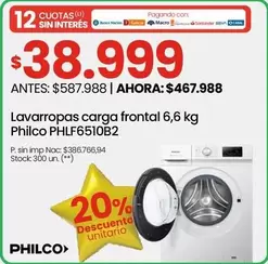 Philco - Lavarropas carga frontal 6,6 kg PHLF6510B2