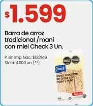 Barra de arroz tradicional /maní con miel Check 3 Un.