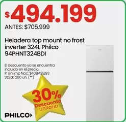 Philco - Heladera top mount no frost inverter 324L 94PHNT324BDI