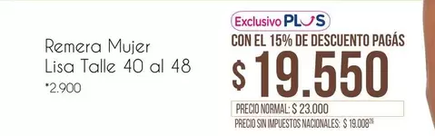 Remera Mujer Lisa Talle 40 al 48
