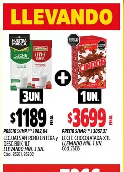 X$ - LEC.UAT SAN REMO ENTERA Y DESC BRIK 1LT, LECHE CHOCOLATADA X 1L