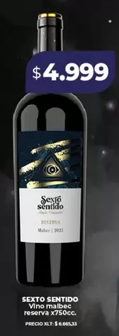 Malbec - SEXTO SENTIDO vino malbec reserva x750cc.