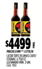 Tres Plumas - CAFE/COGNAC x 750 CC