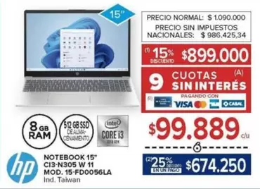 HP - NOTEBOOK 15" C13-N305 W 11 MOD. 15-FD0056LA