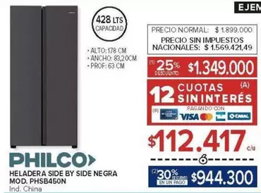 Philco - HELADERA SIDE BY SIDE NEGRA MOD. PHSB450N