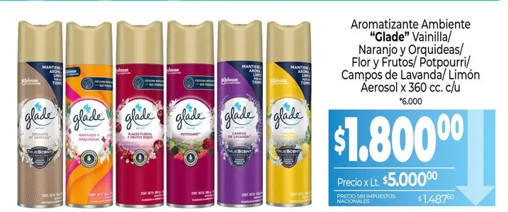 Glade - Vainilla/ Naranjo y Orquideas/ Flor y Frutos/Potpourri/ Campos de Lavanda/Limón Aerosol x 360 cc. clu