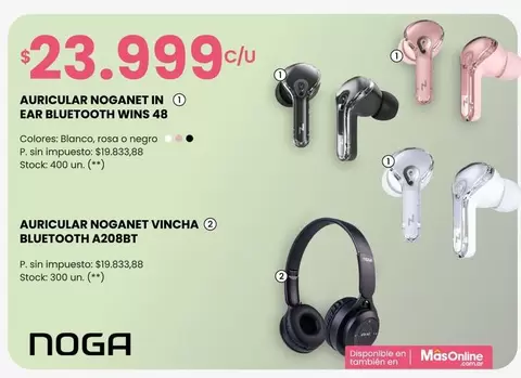 Noga - NOGANET IN EAR BLUETOOTH WINS 48, NOGANET VINCHA BLUETOOTH A208BT