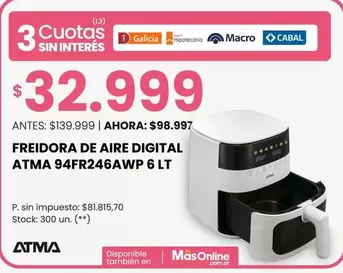 Atma - FREIDORA DE AIRE DIGITAL 94FR246AWP 6 LT