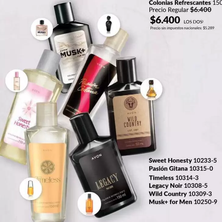 Avon - Sweet Honesty 10233-5, Pasión Gitana 10315-0, Timeless 10314-3, Legacy Noir 10308-5, Wild Country 10309-3, Musk+ for Men 10250-9