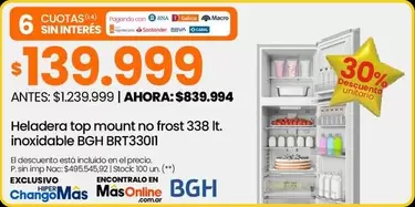 BGH - Heladera top mount no frost 338 lt. inoxidable BRT33011