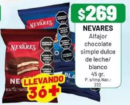 Nevares - Alfajor chocolate simple dulce de leche/ blanco
