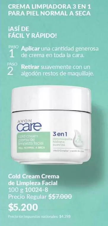 Avon - Cold Cream Crema de Limpieza Facial 100 g 10024-8