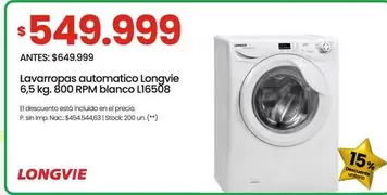 Longvie - Lavarropas automatico 6,5 kg. 800 RPM blanco L16508