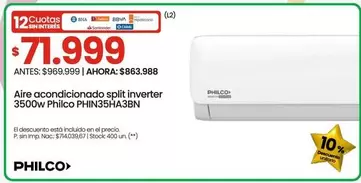 Philco - Aire acondicionado split inverter 3500w PHIN35HA3BN