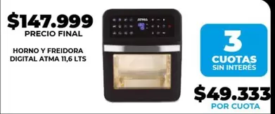 Atma - HORNO Y FREIDORA DIGITAL 11,6 LTS