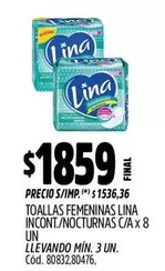Lina - TOALLAS FEMENINAS INCONT./NOCTURNAS C/A x 8 UN