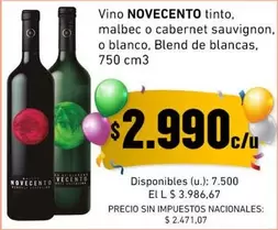 Novecento - NOVECENTO tinto, malbec o cabernet sauvignon, o blanco, Blend de blancas