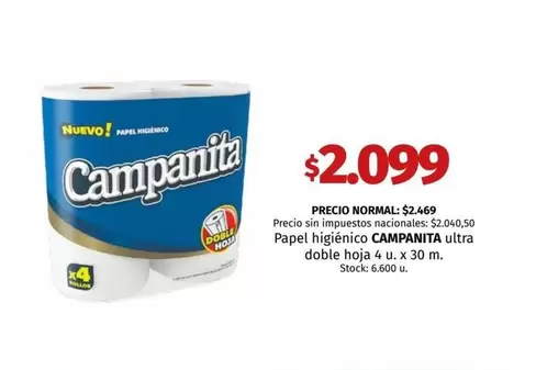 Campanita - Papel higiénico ultra doble hoja 4 u. x 30 m.