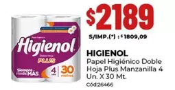 Higienol - Papel Higiénico Doble Hoja Plus Manzanilla 4 Un. X 30 Mt.