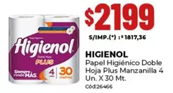 Higienol - Papel Higiénico Doble Hoja Plus Manzanilla 4 Un. X 30 Mt.