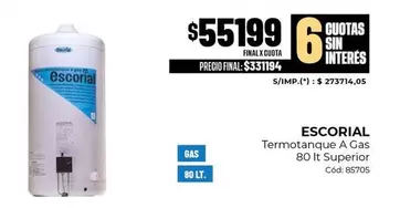 Escorial - Termotanque A Gas 80 It Superior