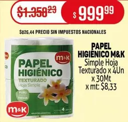 M&K - PAPEL HIGIÉNICO Simple Hoja Texturado x 4Un x 30Mt