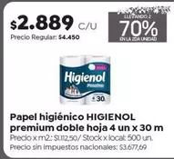 Higienol - Papel higiénico premium doble hoja 4 un x 30 m