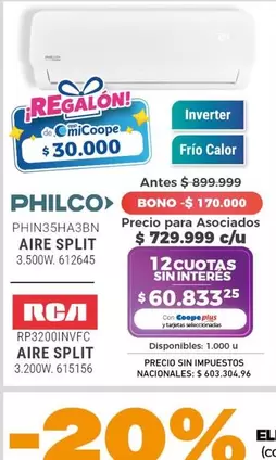 Philco - PHIN35HA3BN AIRE SPLIT, RP3200INVFC AIRE SPLIT