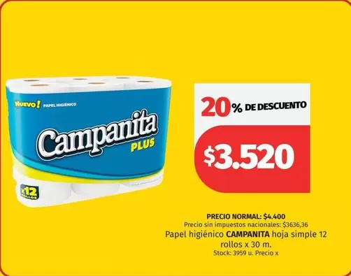 Campanita - hoja simple 12 rollos x 30 m