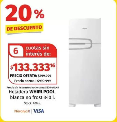 Whirlpool - Heladera blanca no frost 340 l.
